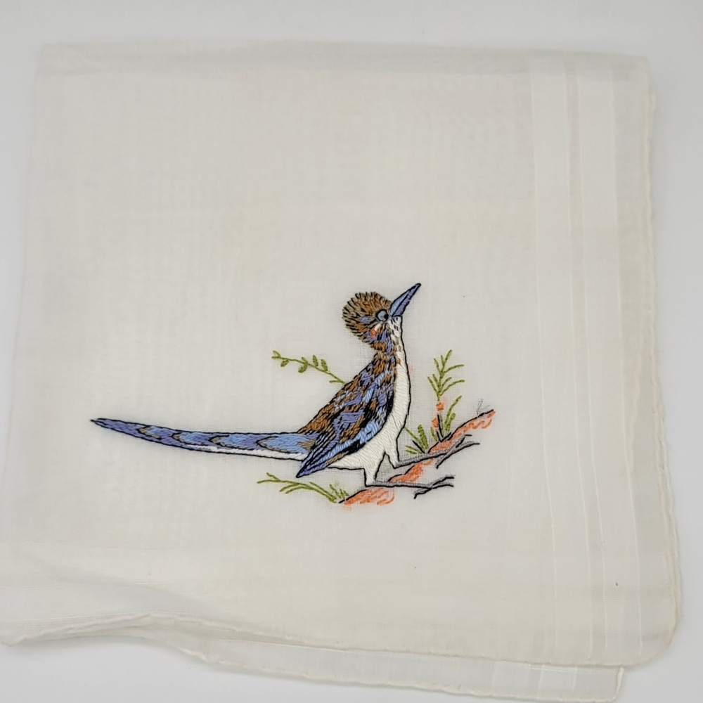 Vintage Sheer Embroidered Roadrunner Handkerchief Hankie